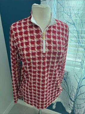 San Soleil Red Patterned Quarter-Zip Top